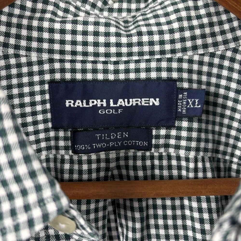 Ralph Lauren Golf Button Shirt Green Gingham Plaid Blue Pony Crest XL Tilden LS